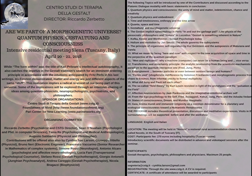 Flyer for April 20-22 conference in Italy on Quantum Physics, Gestaltung, and Consciousness